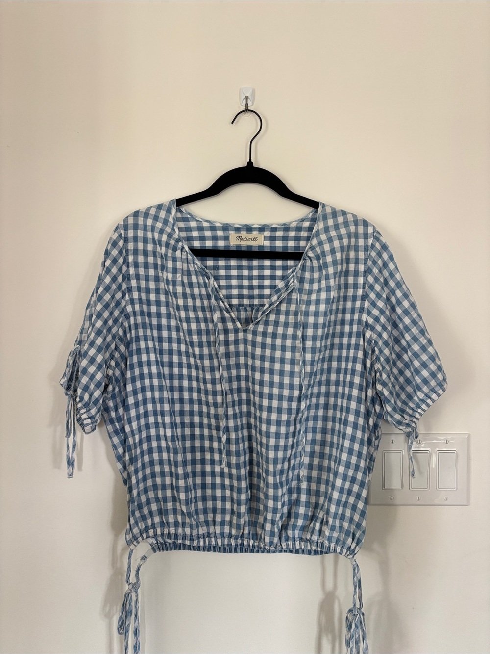 100% Cotton Madewell Blue Gingham Tie Sleeve Top